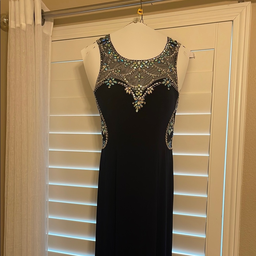 Betsy & Adam Black Sequin Ruched Maxi Dress for Prom